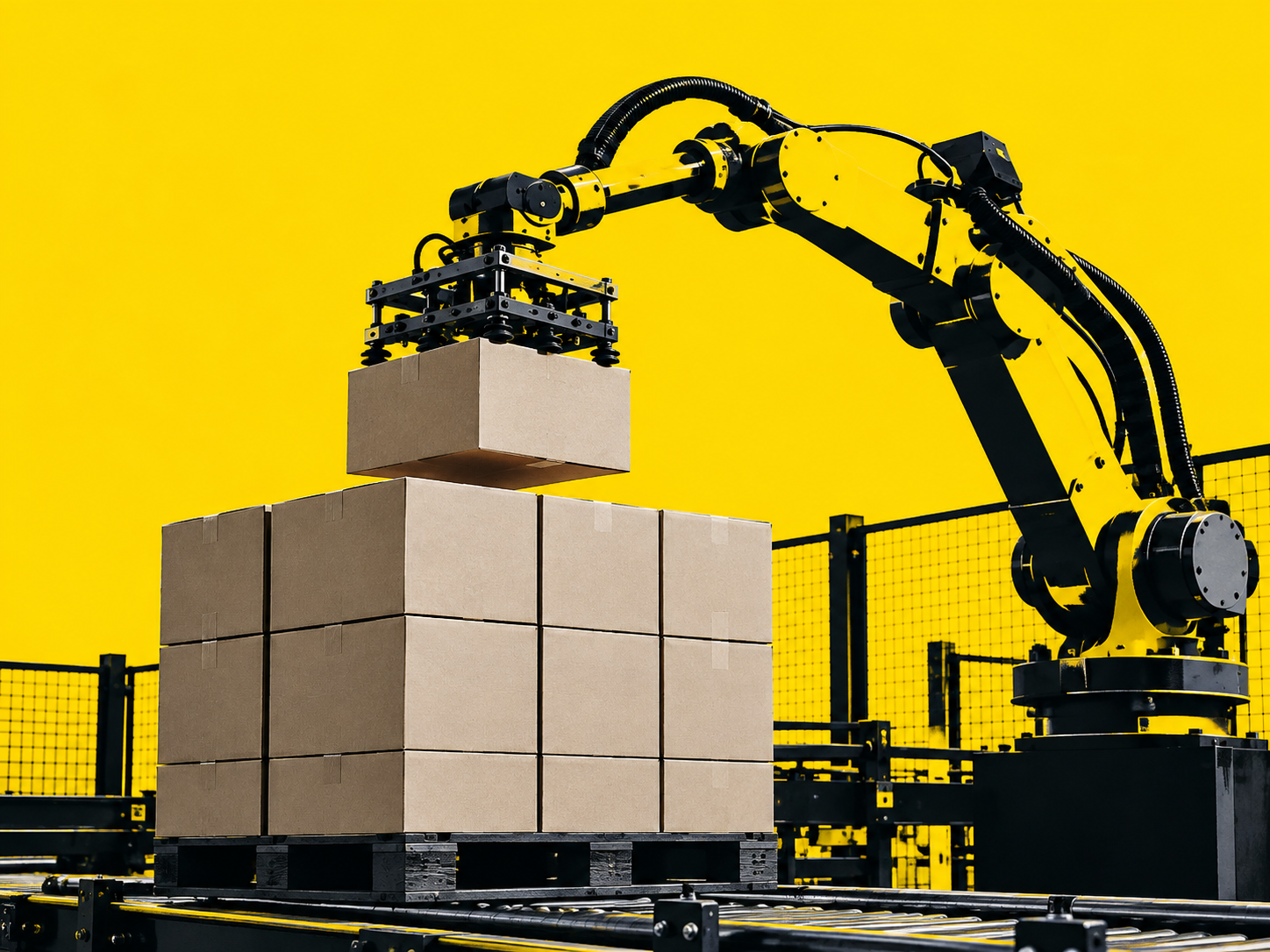 Robot palletiser loading a box onto a pallet