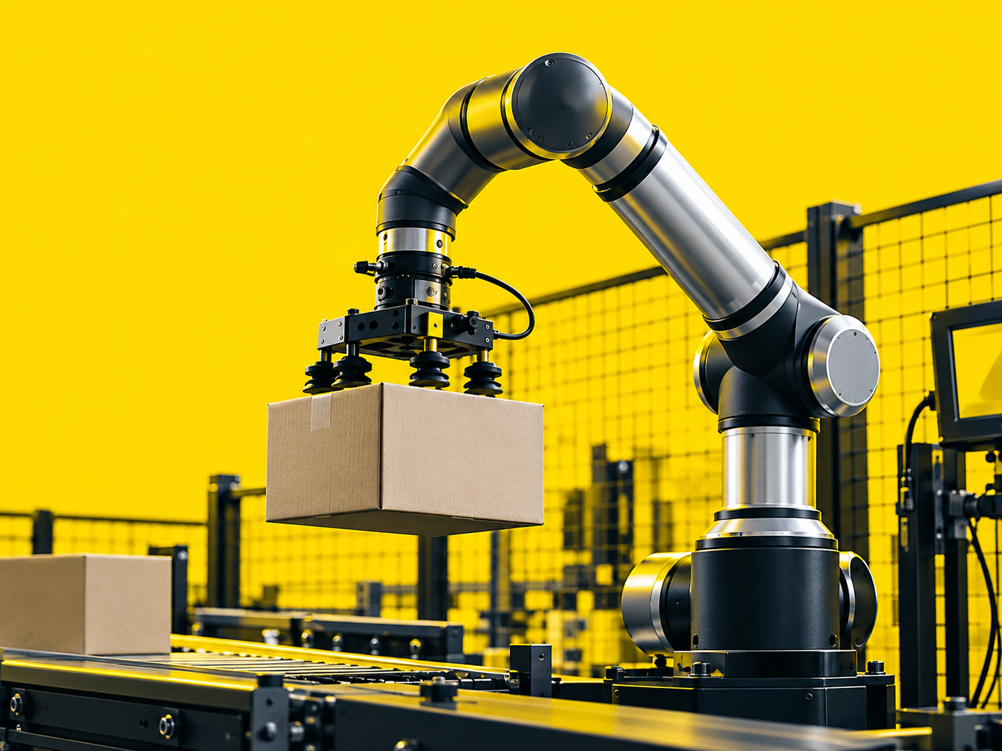 Cobot handling a cardboard box over a conveyor