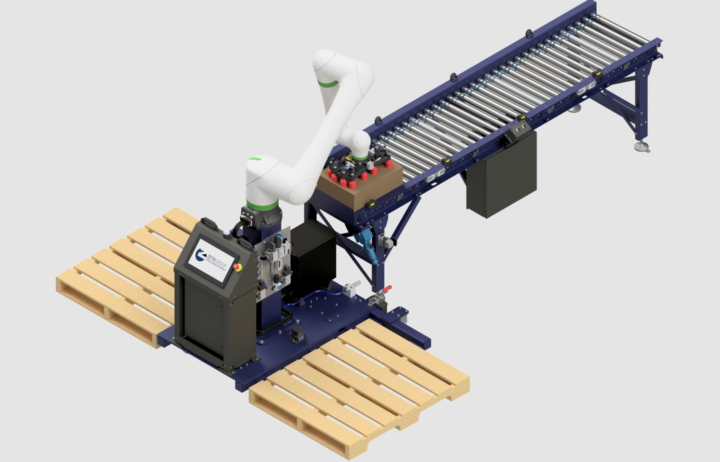 A cobot palletiser with 2 pallet positions