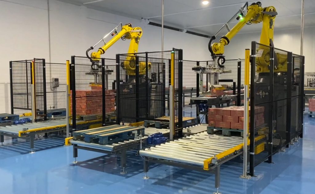 A pair of palletising robots