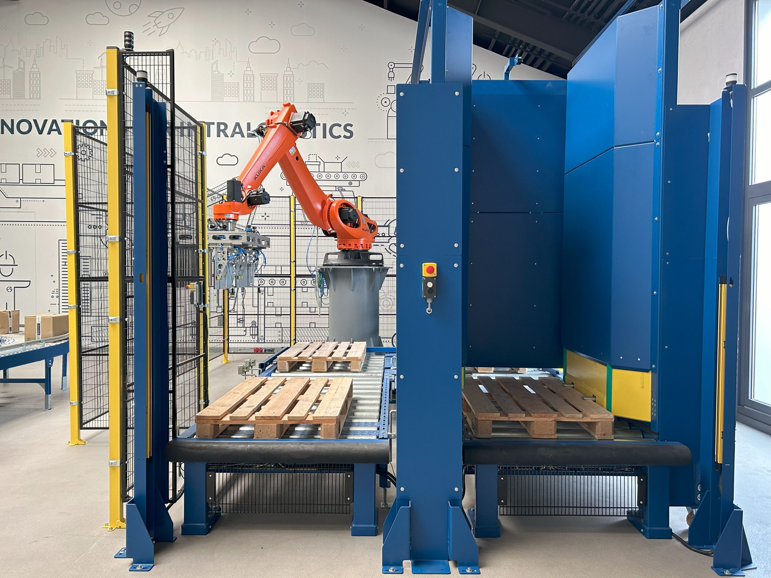 A robot palletising cell with Kuka robot arm