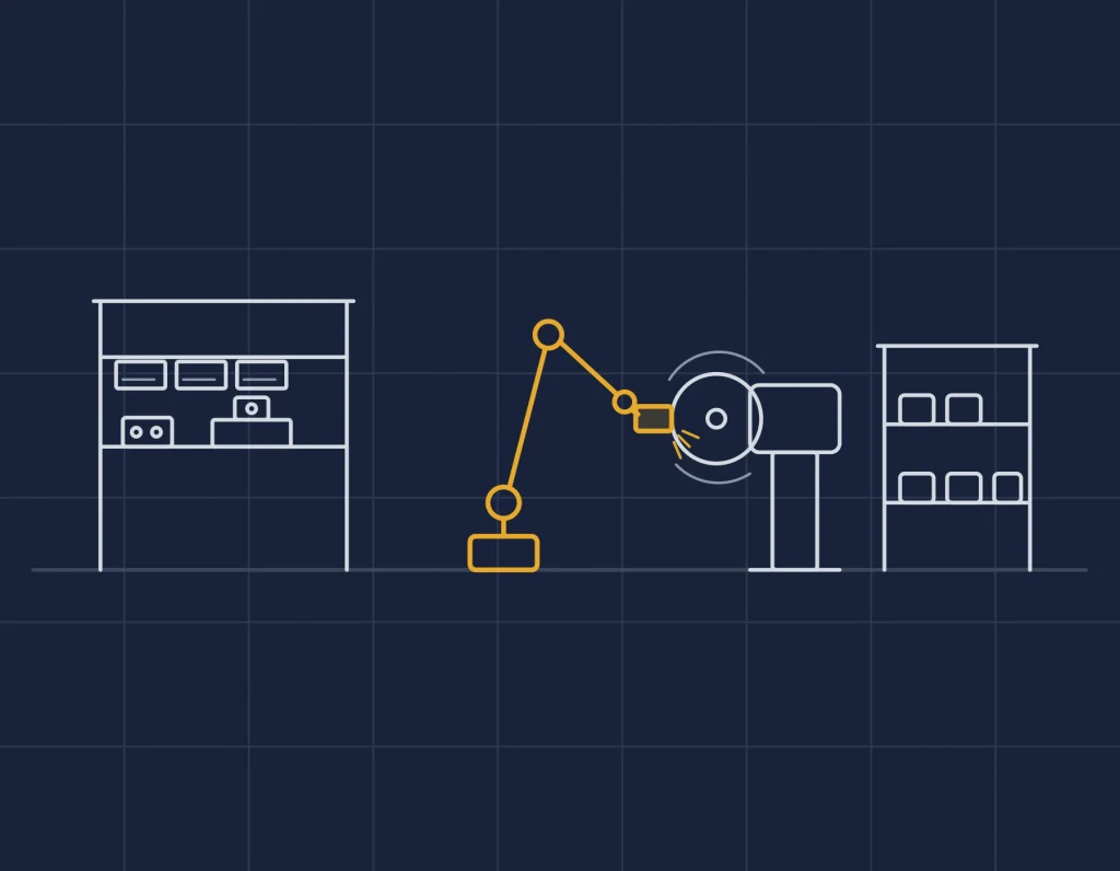 Line illustration of an assembly workstation, a robot polishing a part on a buffing wheel, and a rack of finished parts